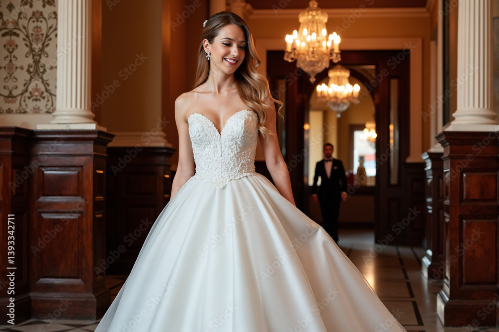Naklejka premium Radiant Bride in a Stunning White Wedding Dress with a Sweetheart Neckline and Flowing Skirt Gracefully Holding Her Dress in an Ornate Hallway