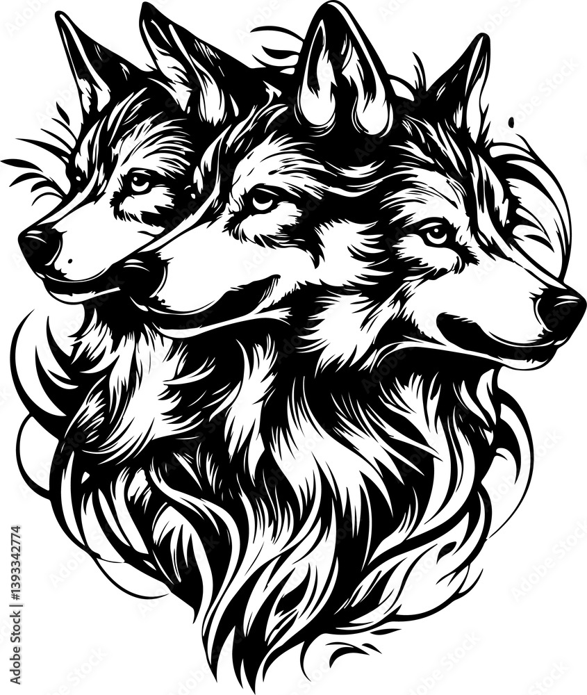 Naklejka premium wolf, animal, head, vector, dog, tattoo, illustration, wild, black, cat, cartoon, face, lion, mammal, mascot, white, wildlife, predator, tiger, canine, isolated, art, symbol, nature, silhouette