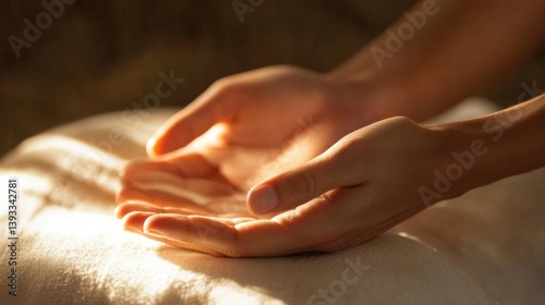 Wallpaper Mural Close-up of Warmly Lit Hands Gently Cupped on Soft Beige Fabric Surface with Subtle Shadows, Creating Sense of Giving and Hope Torontodigital.ca