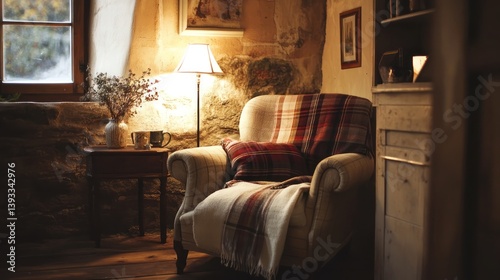 A cozy corner with a vintage armchair, plaid throw blanket, and soft lighting in a European country cottage