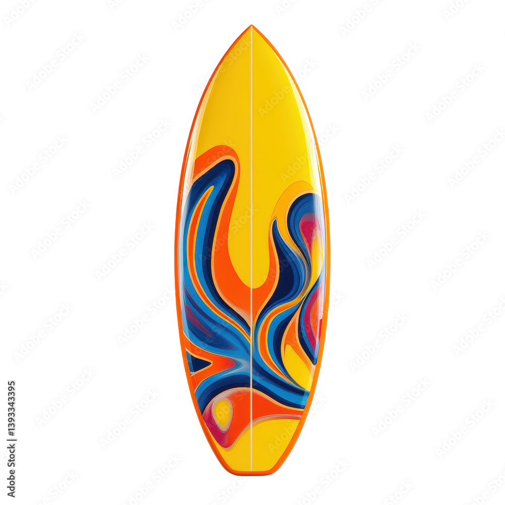 Retro-style surfboard with vibrant yellow base and colorful blue-orange swirl pattern, isolated on transparent background Retro-style surfboard with vibrant yellow base and colorful blue-orange swirl pattern, isolated on transparent background