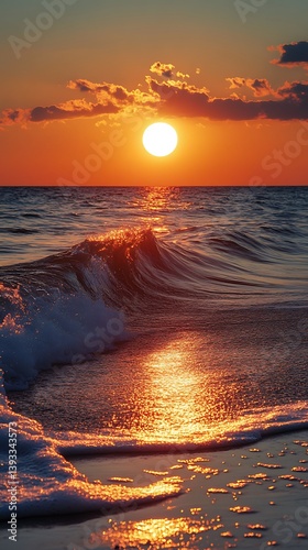 A vibrant sunset illuminating the ocean waves and horizon