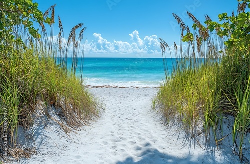 Sandy Beach Pathway to Ocean Paradise A Tranquil Scene of Green Grass White Sand and Blue Water Under a Sunny Sky : Generative AI