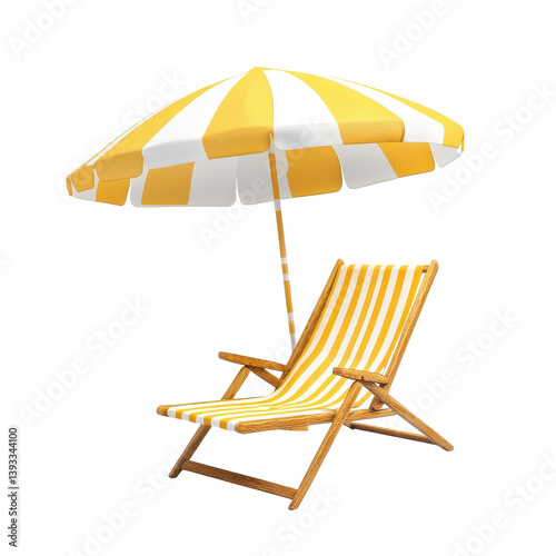 Realistic yellow and white striped beach chair with matching umbrella, isolated on transparent background with sharp detail