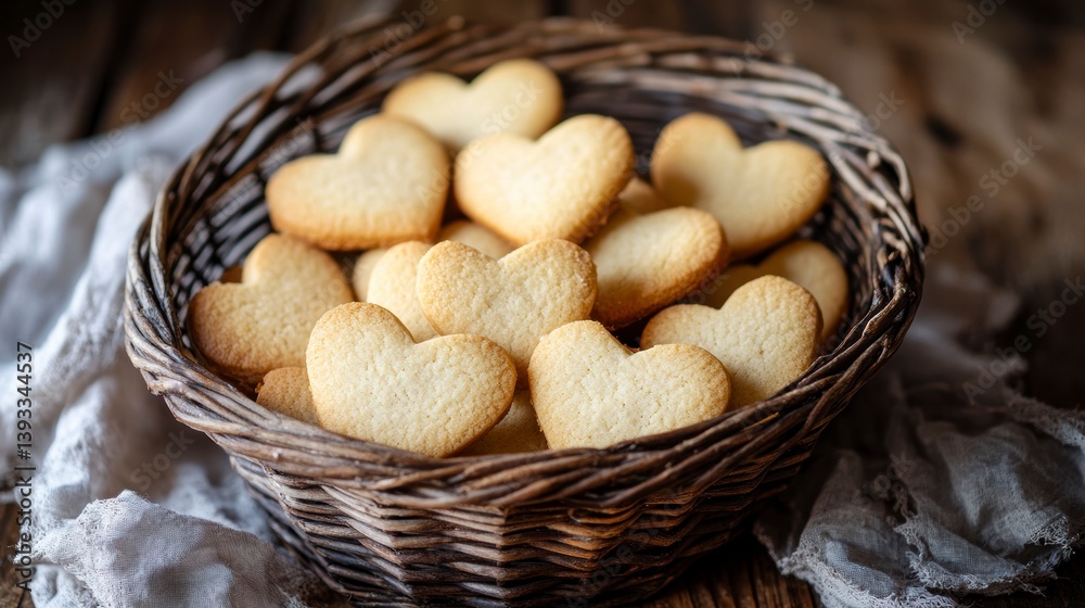 A wicker basket filled with heart-shaped cookies on a rustic wooden table. A wicker basket filled with heart-shaped cookies on a rustic wooden table.