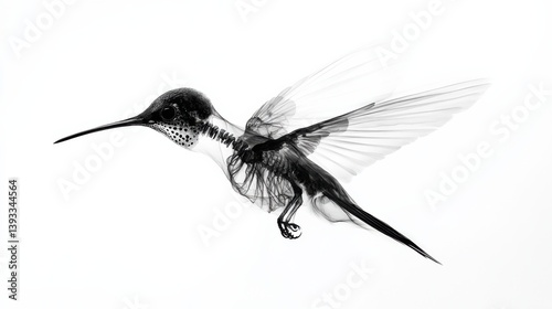 Detailed monochrome illustration of a hummingbird showing its skeletal structure in flight against a plain white backdrop