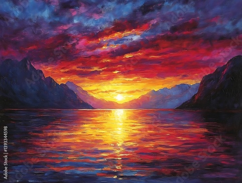 A dramatic painting depicts a vibrant sunset over a lake