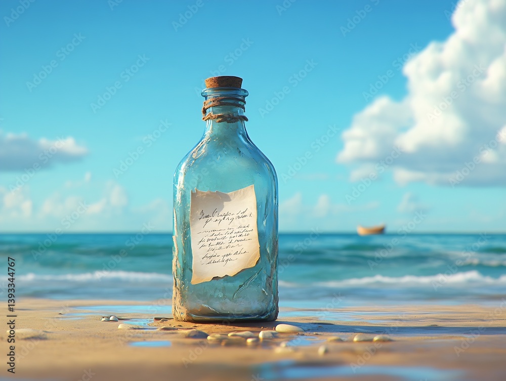 Beautiful glass bottle on a sandy beach reflecting the ocean and sky with a vintage note inside : Generative AI Beautiful glass bottle on a sandy beach reflecting the ocean and sky with a vintage note inside : Generative AI