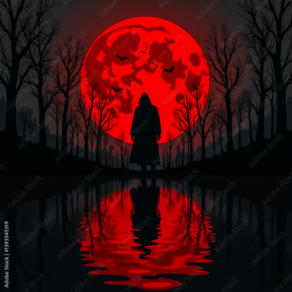 Naklejka premium Mysterious hooded figure under a blood red moon in a dark forest reflected in still water