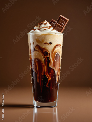 Vivid design food and beverage advertisement: A tall glass showcases a decadent chocolate beverage layered with caramel, topped with whipped cream, and garnished with dark chocolate squares.