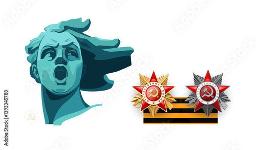 Happy Victory Day! Banner design. Portrait of the Motherland Calls monument, Volgograd. Inscription in English and Russian. St. George Ribbon, Order of the Patriotic War 1941-1945. Vector illustration