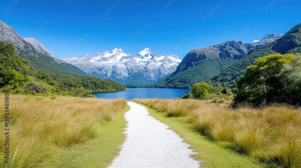 Scenic Pathway Leading to a Mountain Lake. Lush green vegetation borders a paved pathway that stretches towards a serene alpine lake nestled amidst snow-capped peaks. Scenic Pathway Leading to a Mountain Lake. Lush green vegetation borders a paved pathway that stretches towards a serene alpine lake nestled amidst snow-capped peaks.