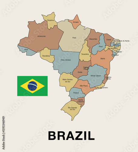 Brazil map. Vector Brazil map with  flag isolated on beige background. With detailed regions. Perfect for educational, geographical, and travel-related projects.