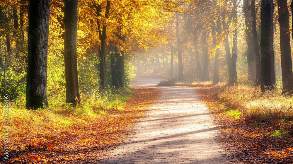 Obraz premium Serene autumn pathway through a vibrant forest with golden leaves, inviting peaceful strolls