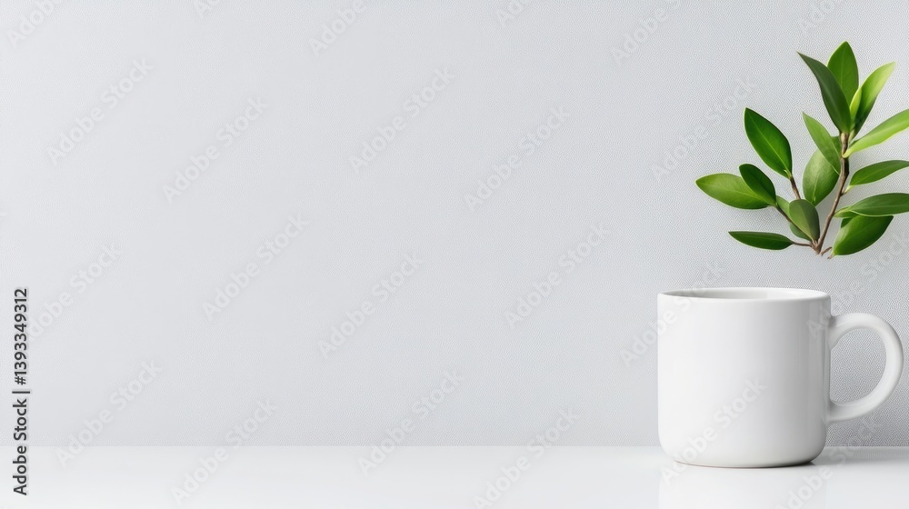 Minimalist workspace aesthetic with a single white mug and plant sprig Minimalist workspace aesthetic with a single white mug and plant sprig