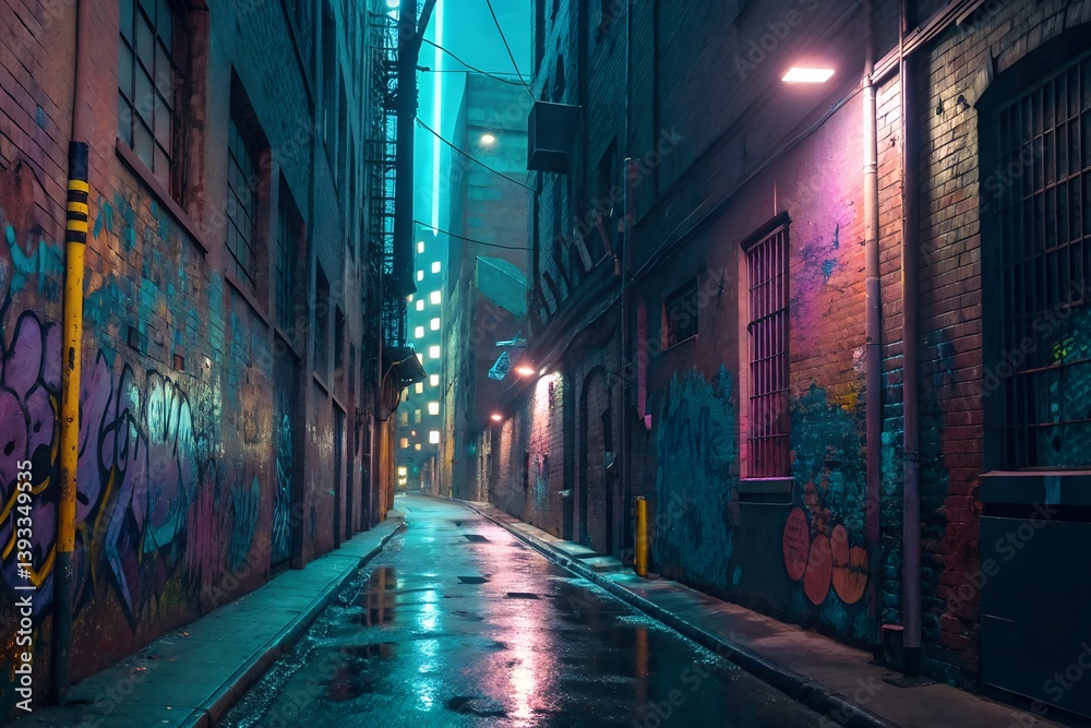 Naklejka premium Graffiti Alley with Neon Glow and Urban Decay