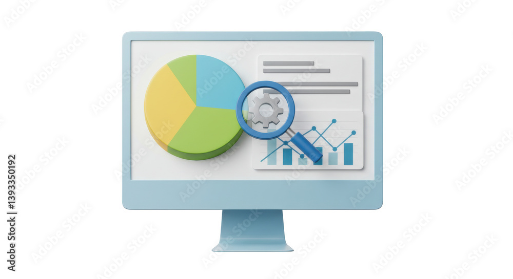 Isolated Computer Monitor with Pie Chart Magnifying Glass and Documents Isolated Computer Monitor with Pie Chart Magnifying Glass and Documents