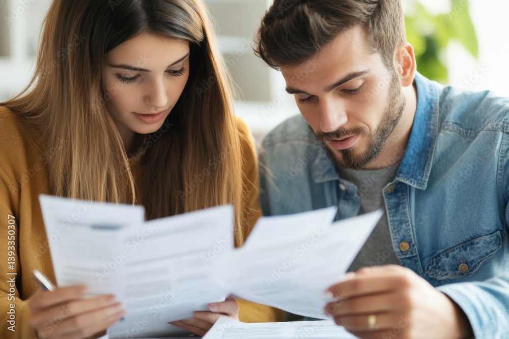 A young couple closely examines financial documents with a professional advisor, focusing on investment strategies and life planning in a contemporary office setting A young couple closely examines financial documents with a professional advisor, focusing on investment strategies and life planning in a contemporary office setting