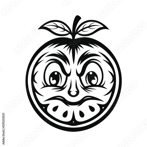 Cartoon Fruit Mascot with Angry Face Expression, Black and White Outline
