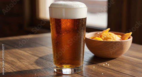 glass of beer on wooden table with crunchy chips