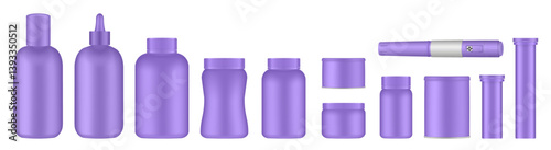 Set of medical pill bottles. Purple jar with lid. Plastic medicine container. 3d mockup of a packaging for pharmacy. Effervescent tablet tubes, insulin pen	