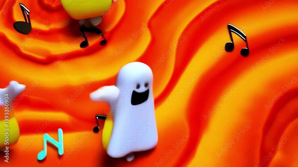Dancing candy corn and wiggling ghosts floating across a looping orange background with spooky music note icons, Cute Halloween Candy and Ghosts Dancing on Looping Orange Background