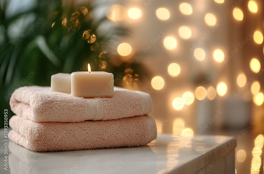 Charming bathroom setup with plush towels and scented candles illuminated against a soft background : Generative AI Charming bathroom setup with plush towels and scented candles illuminated against a soft background : Generative AI