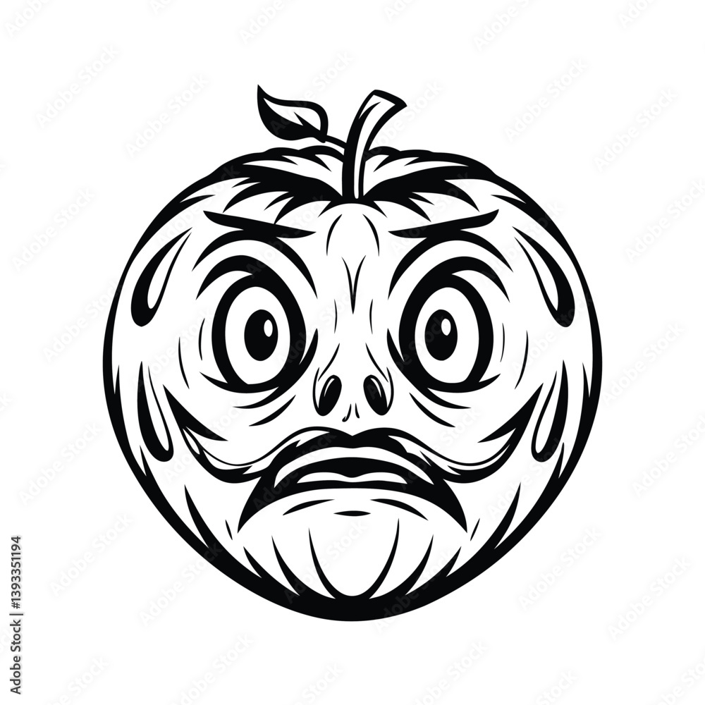 Fototapeta premium Black and White Grumpy Apple Character with Eyebrows, Moustache and Stem Design