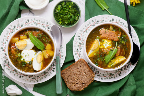 Εκτύπωση καμβά Traditional Ukrainian green borscht with sorrel.style rustic