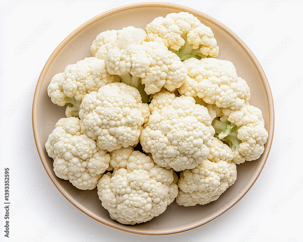 A single head of fresh cauliflower isolated on a clean white background. Showcases the intricate texture and natural beauty of this versatile and healthy vegetable A single head of fresh cauliflower isolated on a clean white background. Showcases the intricate texture and natural beauty of this versatile and healthy vegetable