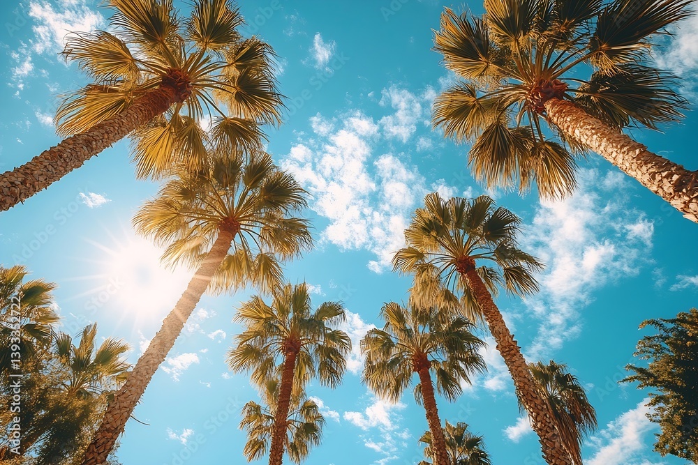 Fototapeta premium Tropical Paradise Palm Trees Against Azure Sky Summer Vacation and Exotic Travel Destination Scenery Under Blue Sky : Generative AI