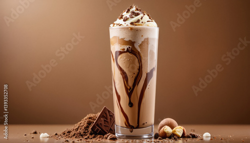 Vivid design food and beverage advertisement: A tall glass of chocolate milkshake topped with whipped cream and drizzled with chocolate sauce sits on a table surrounded by chocolate shavings, hazeln