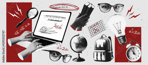 Conceptual halftone Online education vector set with books, laptop, globe, clock, light bulb. New course, webinar. Contemporary vector graphics.