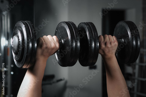 Muscular guy in the gym with dumbbells.