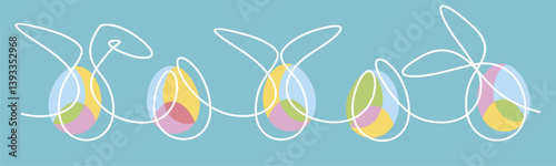 Easter egg hunt background. Easter continuous handwritten line design with pastel colors Easter rabbits bunnies and eggs on sea green background
