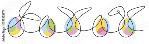 Easter egg hunt background. Easter continuous handwritten line design with pastel colors Easter rabbits bunnies and eggs on white background