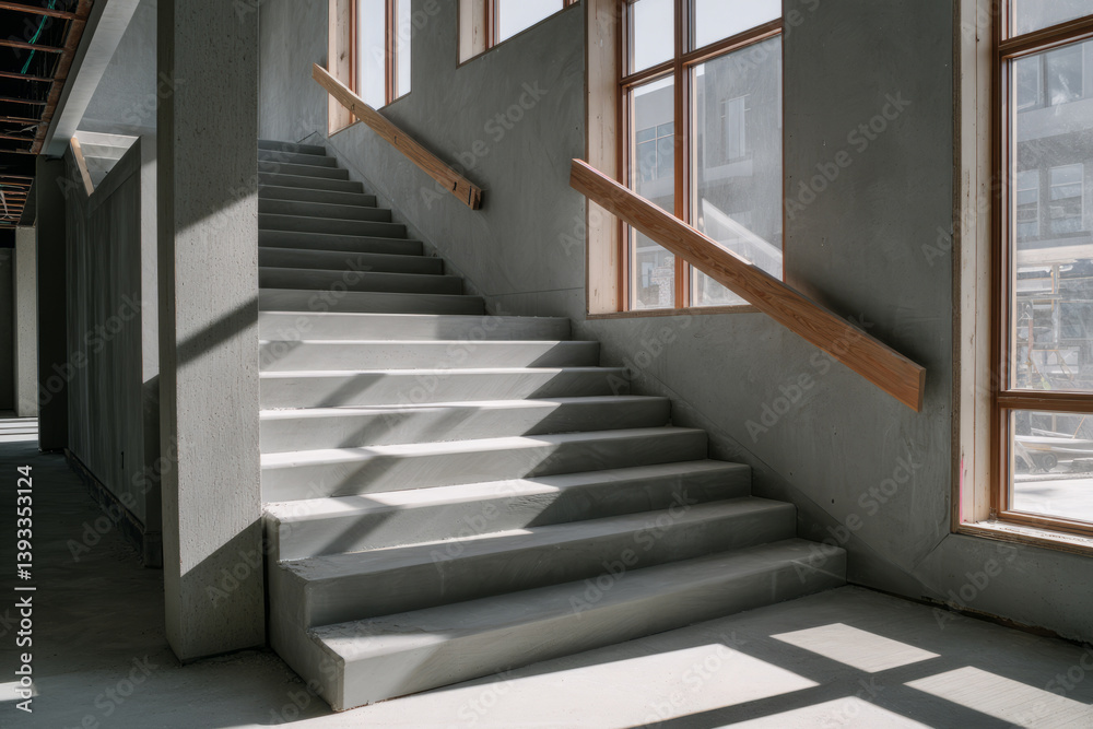 Fototapeta premium Concrete staircase under construction with sunlight through large windows in modern building