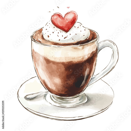 A watercolor vector illustration of a Valentines Day themed hot chocolate, isolated on a white background.

