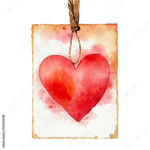 A watercolor vector illustration of a Valentines Day gift tag, isolated on a white background.

