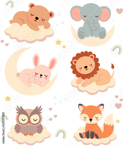 Wallpaper Mural Cute animals on clouds and moons flat illustrations set. Sleepy elephant, fox, rabbit, bear, lion, owl. Dreaming design elements. Children's creative illustration. Torontodigital.ca