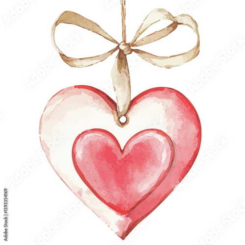 A watercolor vector illustration of a Valentines Day gift tag, isolated on a white background.

