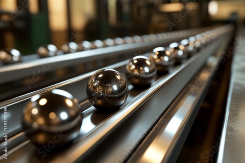 In a factory setting, shiny chrome spheres are transported along a curved conveyor belt