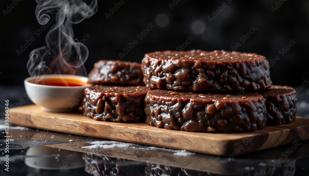 Delicious Black pudding served with sauces on a dark background, haute cuisine Delicious Black pudding served with sauces on a dark background, haute cuisine