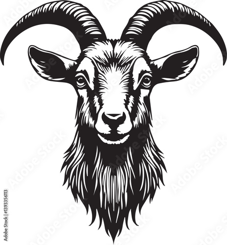 Detailed Goat Head Illustration, Black and White Vector Art