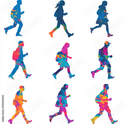 Colorful Running People Silhouettes
