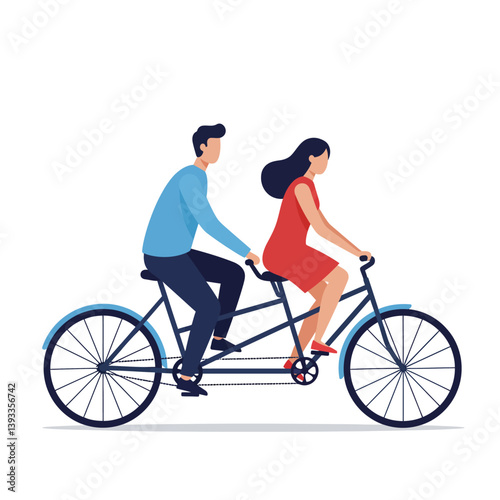 Two people riding a tandem bicycle in a flat design vector illustration