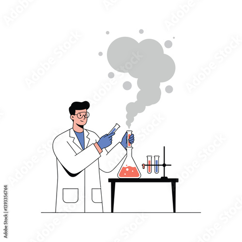 Scientist conducting experiments with glassware in flat vector illustration