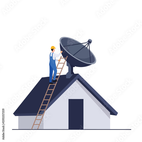 Technician installing satellite dish on rooftop in flat vector art