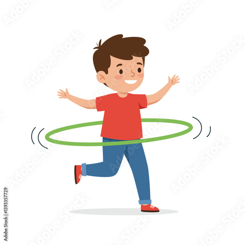Happy child playing with hula hoop in flat vector art style