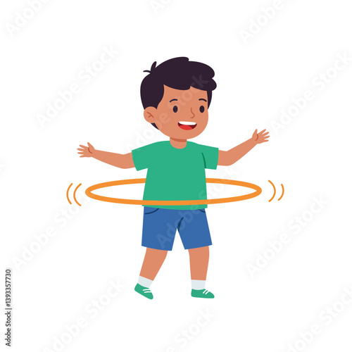 Happy child playing with hula hoop in flat and colorful vector art